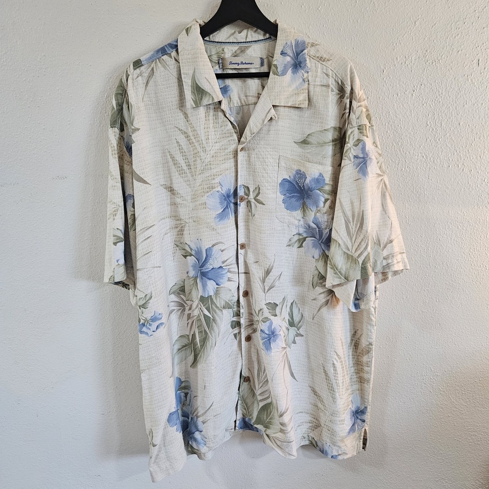 Tommy Bahama Mens XXL 100% Silk Blue Floral Hibiscus Hawaiian Camp Shirt